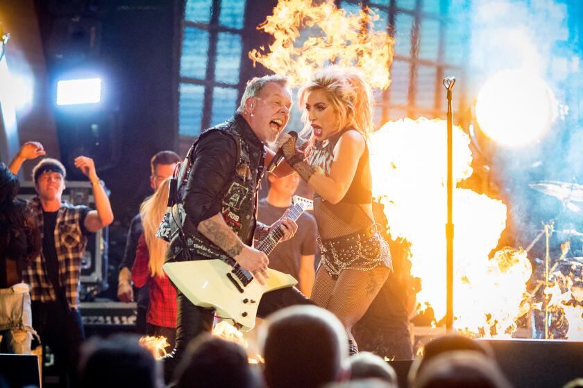 James Hetfield of Metallica and Lady Gaga during the Grammys telecast.