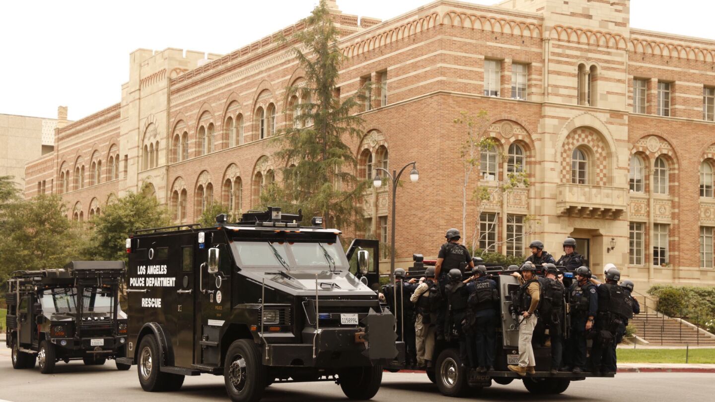 Police respond to the UCLA campus after a shooting Wednesday.