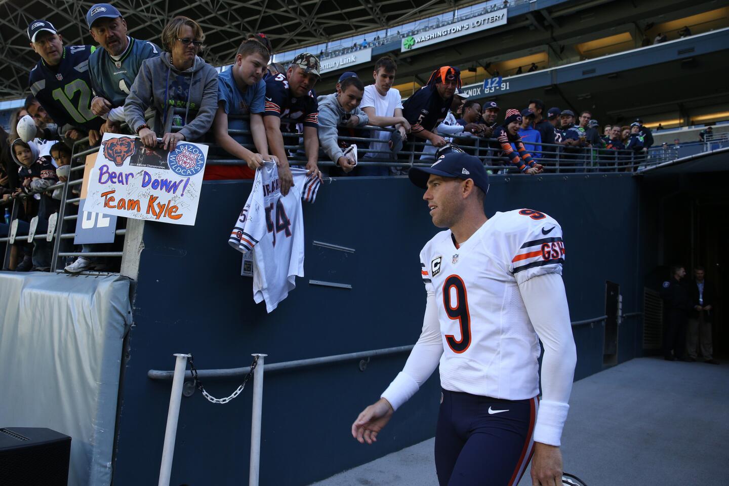 Robbie Gould takes the field for warmups prior to a game against the Seattle Seahawks.
