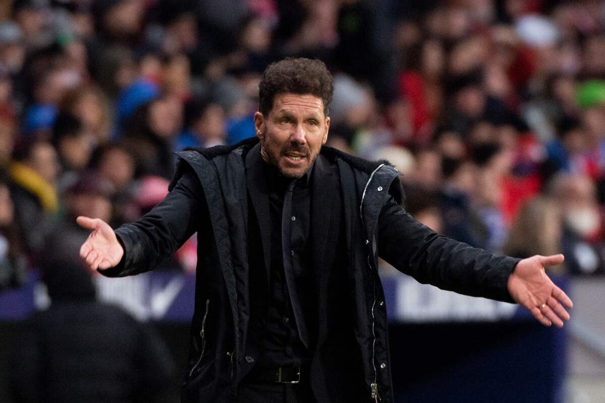 Atletico Madrid's Argentinian coach Diego Simeone reacts during the Spanish league football match Club Atletico de Madrid against RCD Espanyol at the Wanda Metropolitano stadium in Madrid on November 10, on 2019. (Photo by CURTO DE LA TORRE / AFP) (Photo by CURTO DE LA TORRE/AFP via Getty Images) ** OUTS - ELSENT, FPG, CM - OUTS * NM, PH, VA if sourced by CT, LA or MoD **