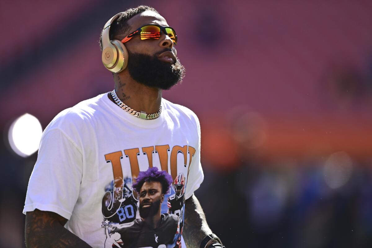 Then a Cleveland Brown.  wide receiver Odell Beckham Jr. warms up before a game against the Chicago Bears.