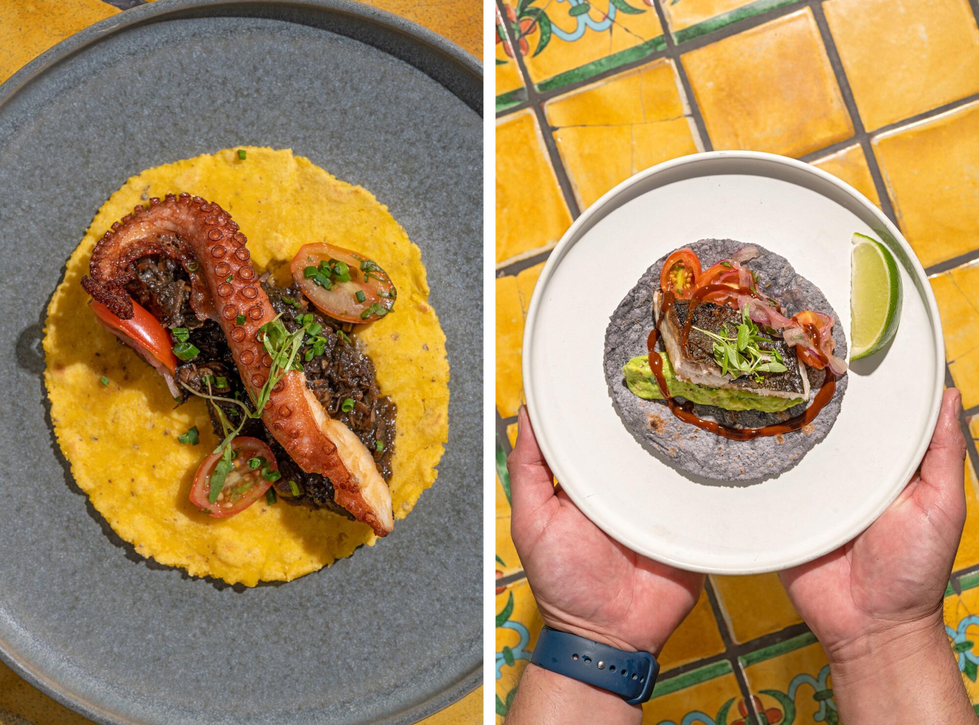 Holbox's octopus taco with a squid-ink sofrito, left, and mesquite-grilled fish taco, right.