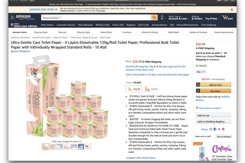 Amazon.com screen grab, made on Apr. 9, 2020, of toilet paper for sale during the coronavirus pandemic. (Amazon)