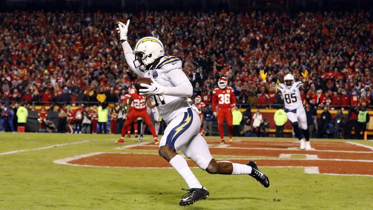 Wide receiver Mike Williams of the Chargers celebrates after catching the winning two-point conversion with four seconds remaining.