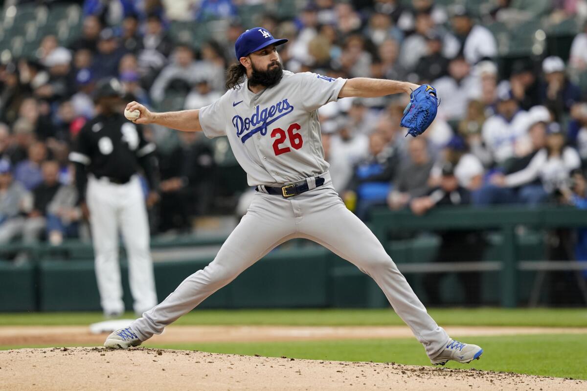 Dodgers pitcher Tony Gonsolin delivers to a Chicago White Sox batter.