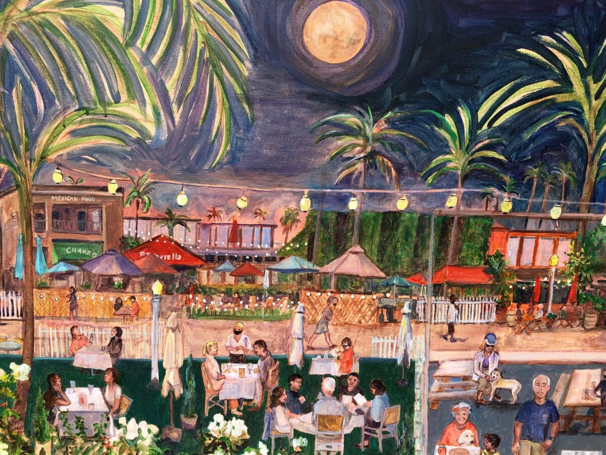 La Jolla Shores resident and artist Paula McColl painted this scene of The Shores' outdoor dining program.