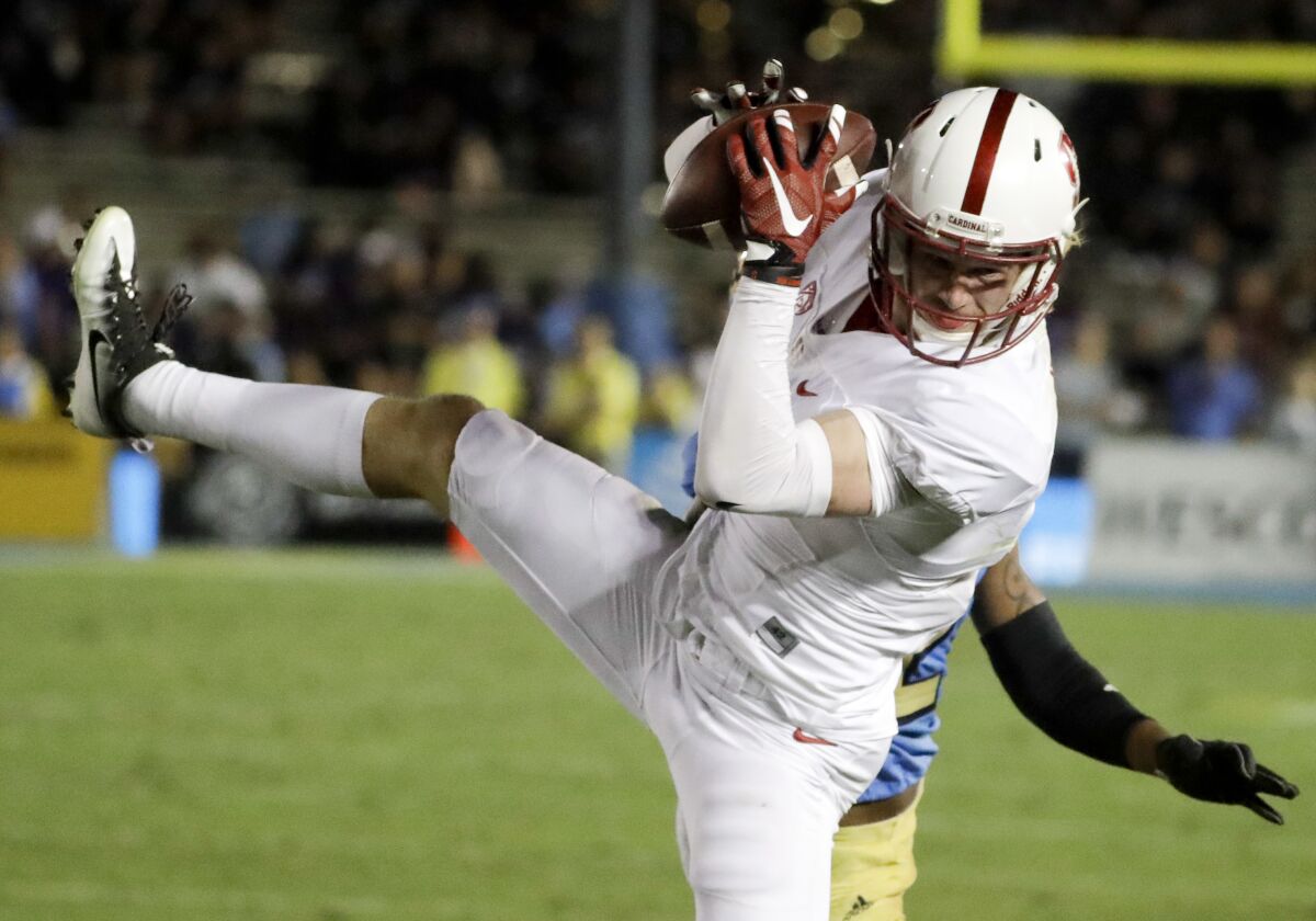 Stanford wide receiver Trenton Irwin hauls in a pass against UCLA in 2016.
