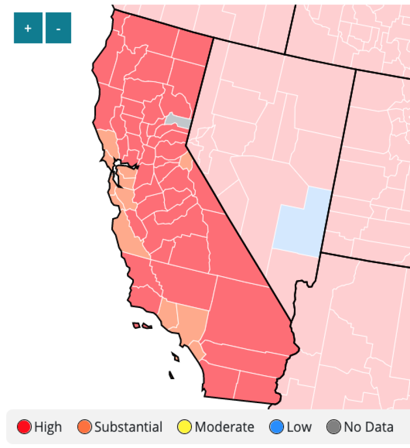 A map showing the levels of coronavirus transmission in all of California's counties 