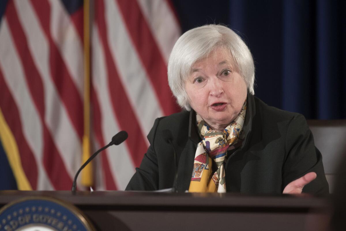 Federal Reserve Chair Janet Yellen during a news conference last month. The Fed on Wednesday offered no sign that a rate increase might be coming soon.