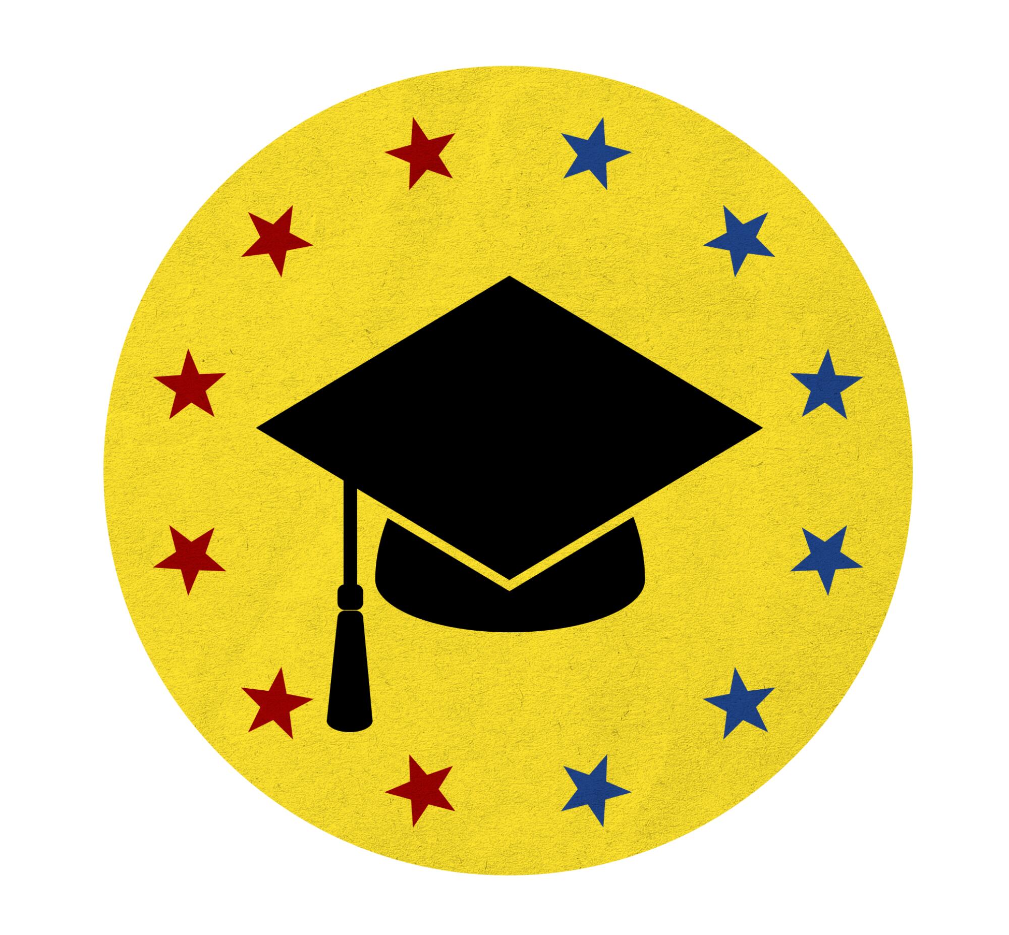 graduation cap in a yellow circle with red and blue stars