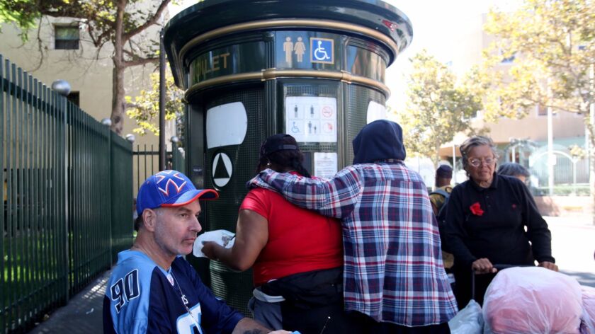 One of four self-cleaning public toilets on skid row, shown in a 2013 file photo.
