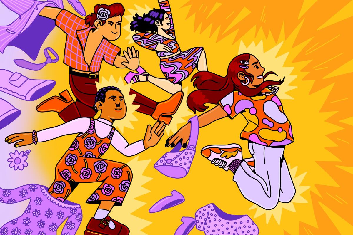 Illustration of people ripping out of traditional clothes. 