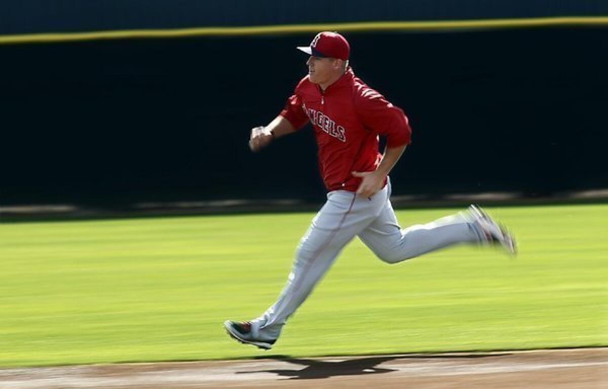 Mike Trout runs the bases during spring training.