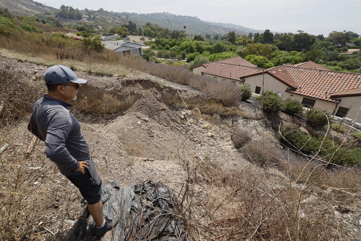 Homeowner Mike Hong views a large fissure that has continued to grow near homes.
