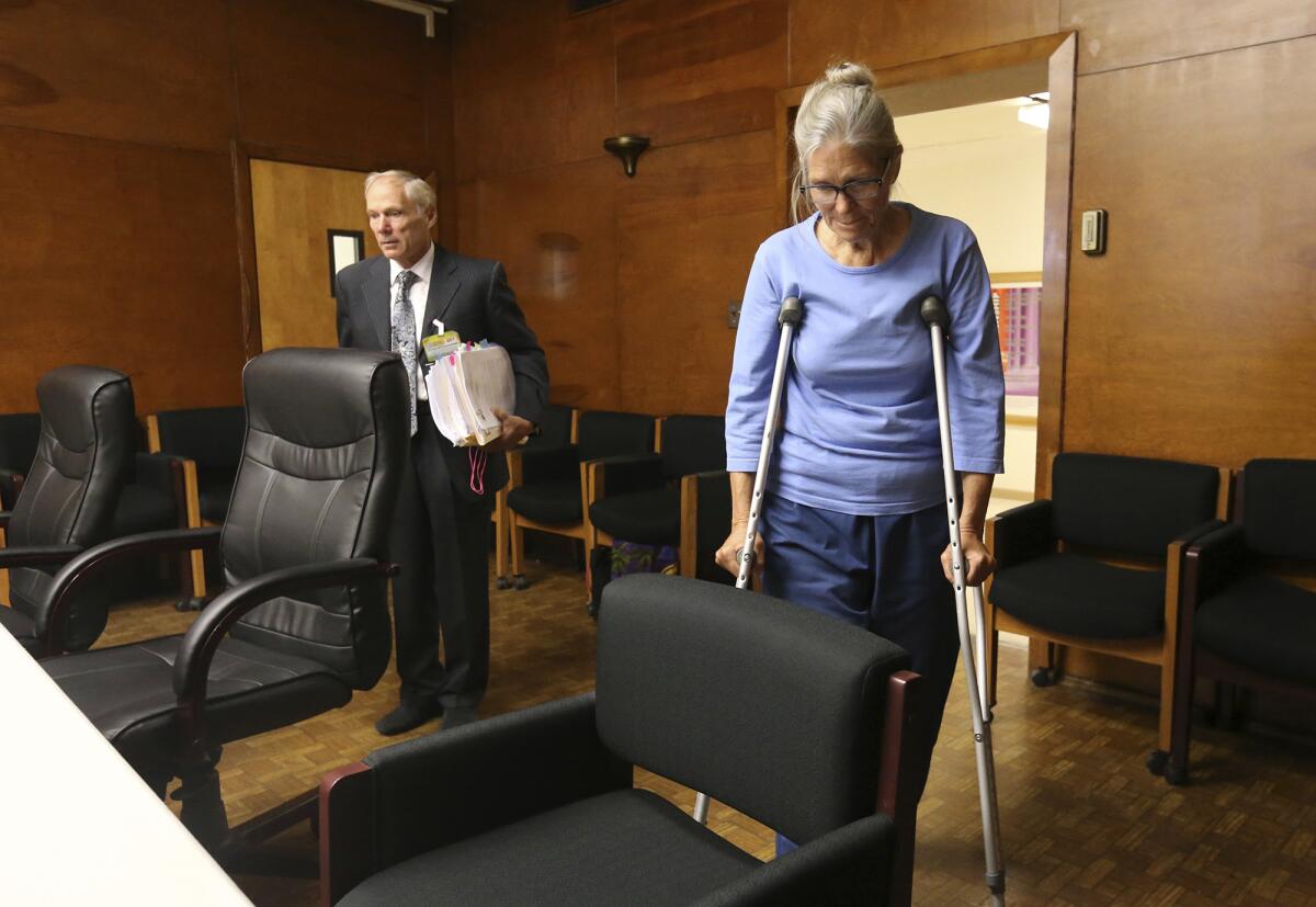 Leslie Van Houten arrives with her attorney for a parole hearing in Corona in 2017. 