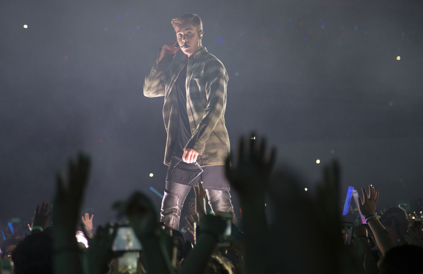 Justin Bieber performs during the Wango Tango concert at the StubHub Center on May 9, 2105, in Carson.