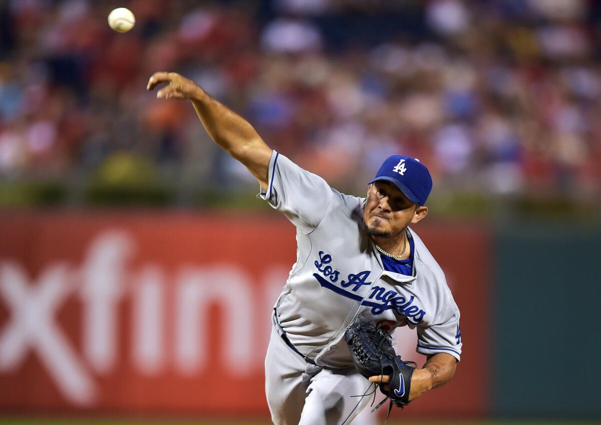 Dodgers reliever Joel Peralta delivers a pitch in the seventh inning against the Phillies.