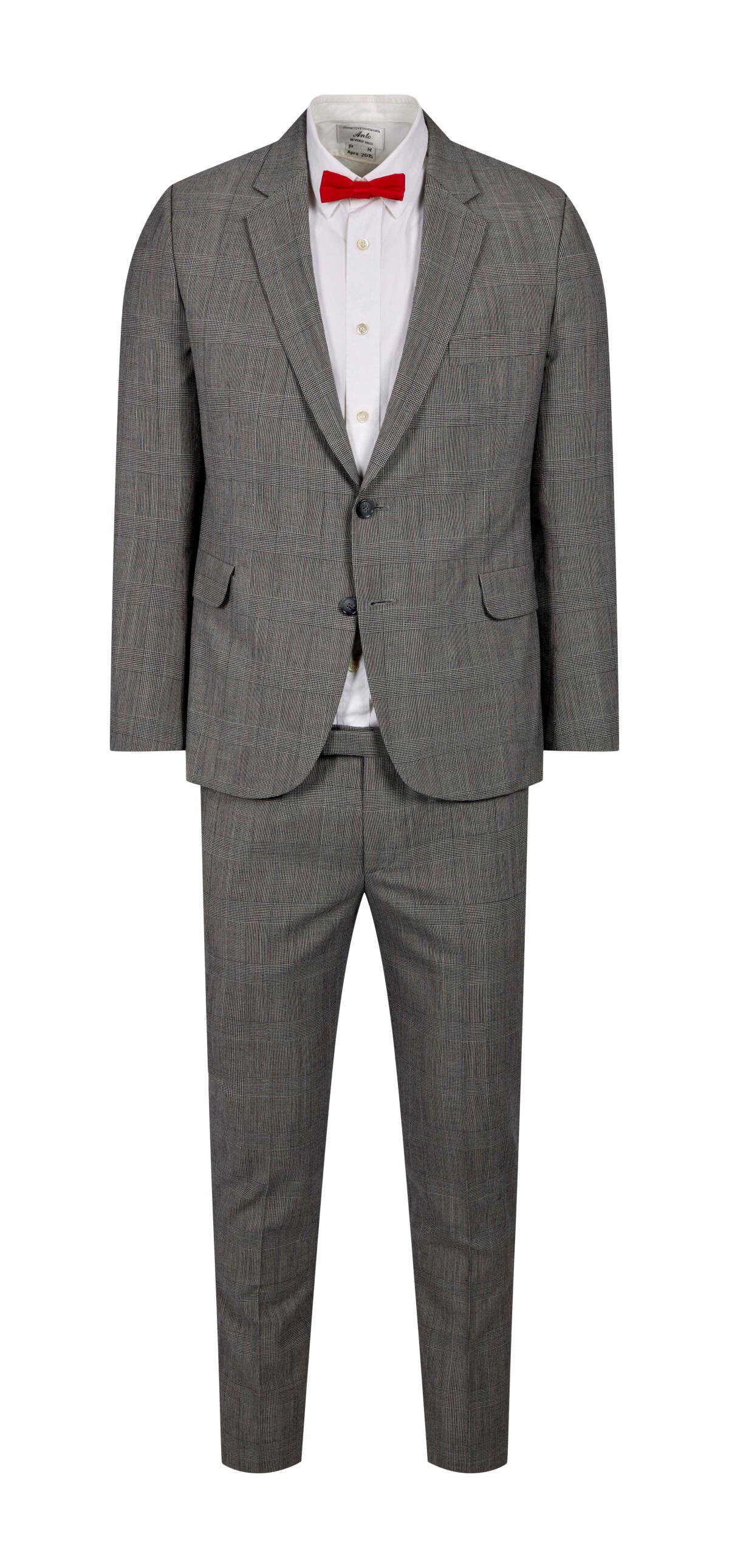 "Pee-wee Herman" gray suit with red bow tie.