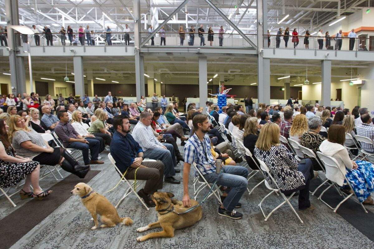 SAN DIEGO, CA-OCTOBER 14, 2015: | Petco employees, some with their pets, attend a grand opening gathering at the newly opened 300,000 square-foot corporate headquarters in Rancho Bernardo. The facility features pet-friendly work spaces, recreation centers, an open design, and other features. | (Howard Lipin / San Diego Union-Tribune) San Diego Union-Tribune