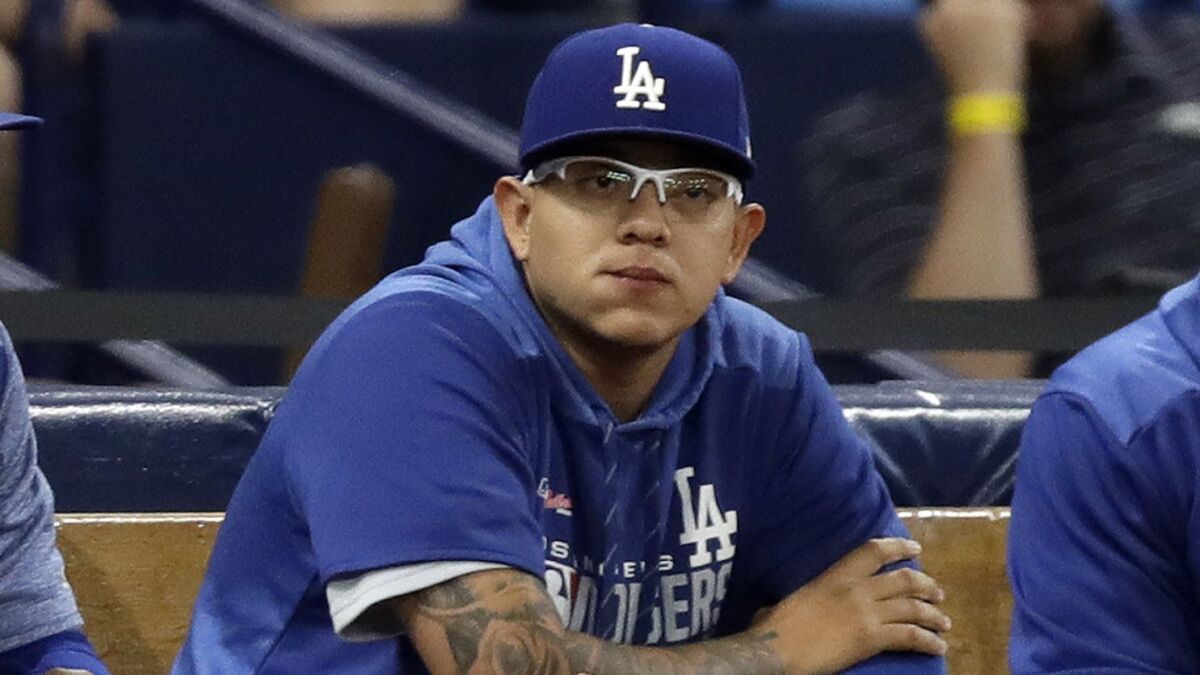 Julio Urias, at a game against the Tampa Bay Rays in Florida, exactly one week after his May 14 arrest.