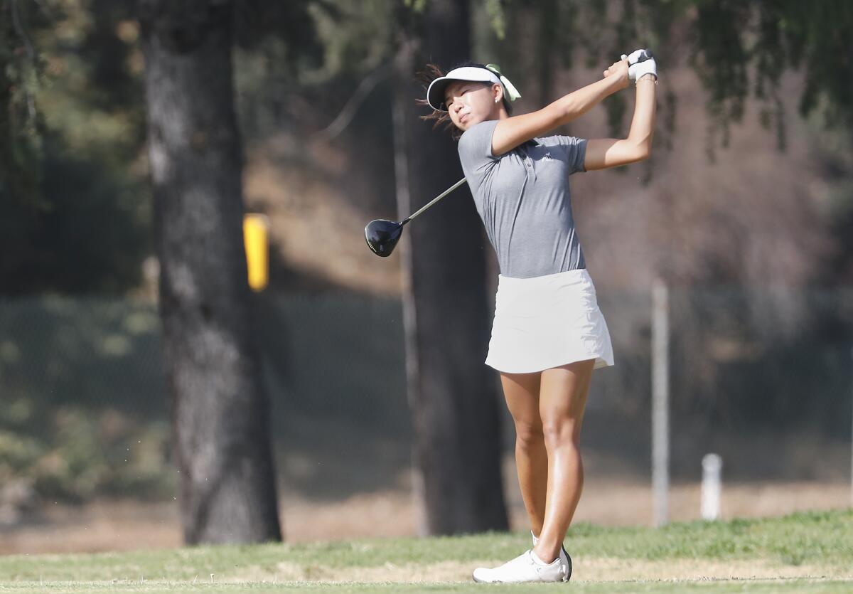 Sage Hill's Jennifer Cai, pictured teeing off in the CIF Southern California Regional championships on Nov. 14, finishes 10th in the CIF State tournament on Tuesday.