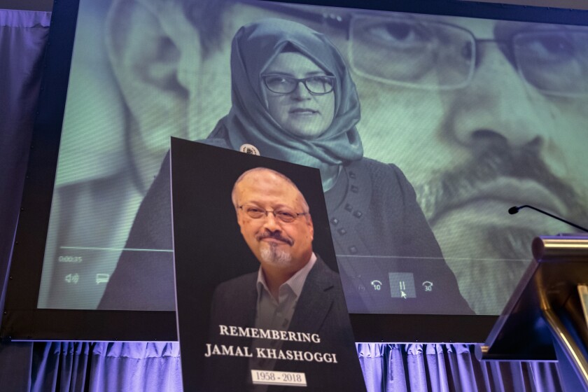 FILE - In this Nov. 2, 2018 file photo, a video image of Hatice Cengiz, fiancee of slain Saudi journalist Jamal Khashoggi.