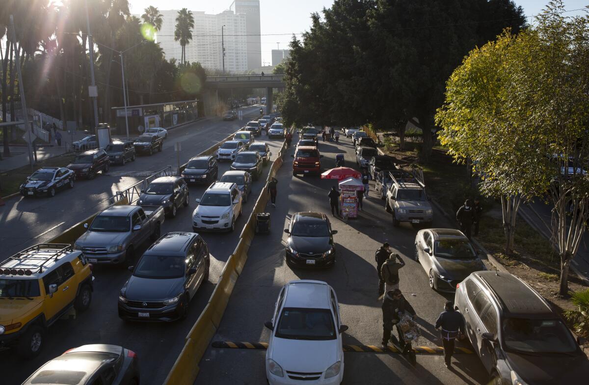 Traffic backs up in Tijuana for drivers heading to the San Ysidro Port of Entry