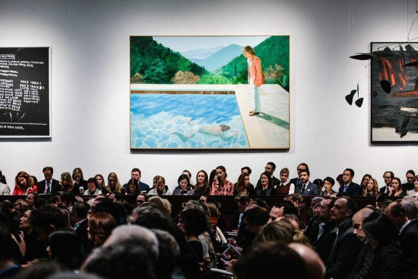Mandatory Credit: Photo by ALBA VIGARAY/EPA-EFE/REX (9981162d) The painting 'Portrait of an Artist (Pool with Two Figures)' by artist David Hockney (C) is displayed during the sales event of the Post War and Contemporary Art Evening Sale at Christie's auction house in New York, New York, USA, 15 November 2018. 'Portrait of an Artist (Pool with Two Figures)' sold on 15 November for 90.3 million US dollar at auction, the highest recorded auction record for a living artist. 'Portrait of an Artist (Pool with Two Figures)' by artist David Hockney sets record, New York, USA - 15 Nov 2018 ** Usable by LA, CT and MoD ONLY **