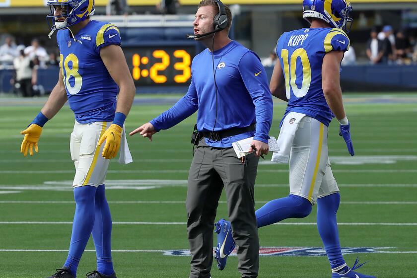 INGLEWOOD, CALIF. - OCT. 24, 2021. Rams head coach Sean McVay on the sidelines during a game against the Lions at SoFi Stadium in Inglewood on Sunday, Oct. 24, 2021. (Luis Sinco / Los Angeles Times)