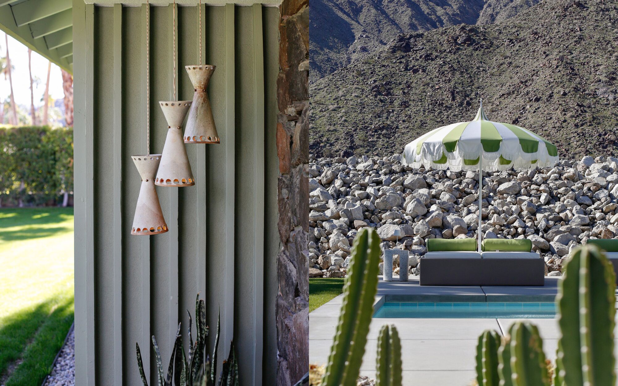 Three lamps hang on a wall over cactus, left; an umbrella shades a seating area with mountains behind.