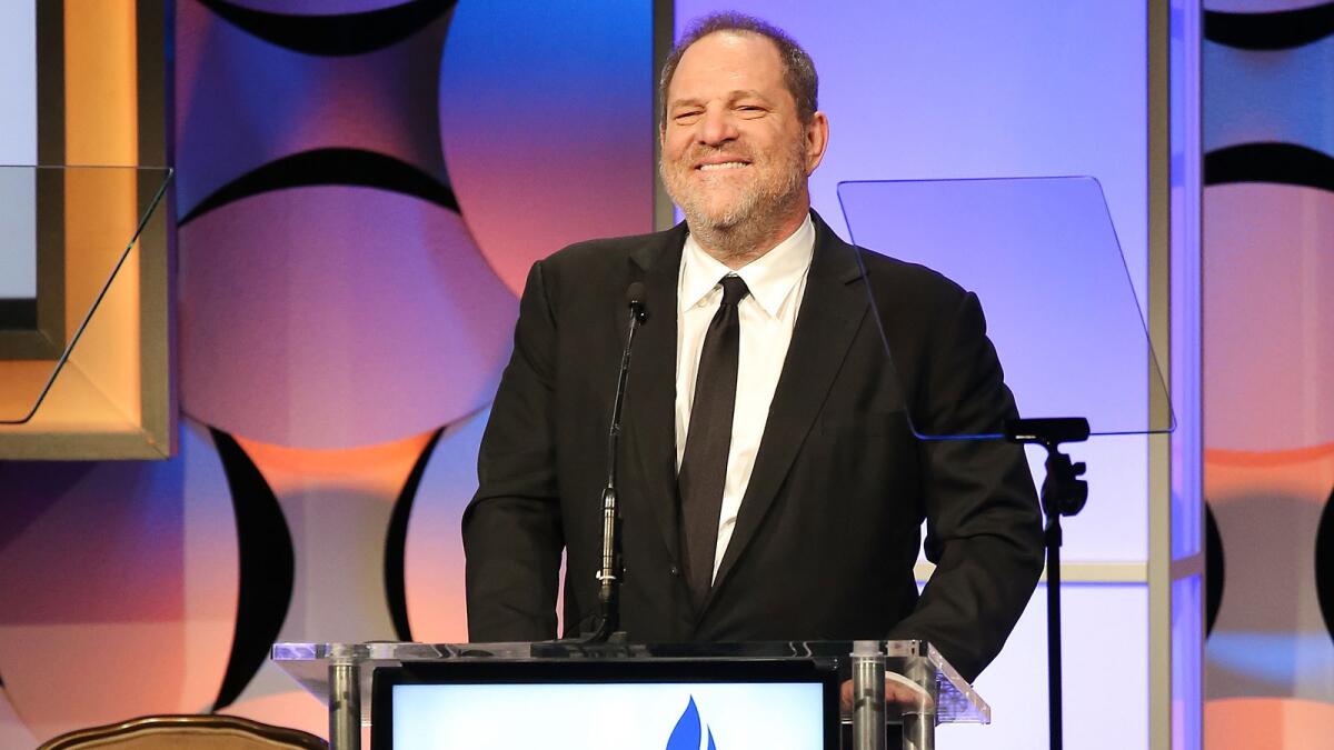 Producer Harvey Weinstein accepts the Humanitarian Award at the Simon Wiesenthal Center 2015 National Tribute Dinner at the Beverly Hilton Hotel.