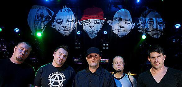 LAS VEGAS, NV - JULY 18, 2009: The band Limp Bizkit, Sam Rivers, left, DJ Lethal, Fred Durst, John Otto andWes Borland, poses for a photo prior to a free concert at The Pearl inside the Palms Casino Resort Saturday, July 18, 2009 in Las Vegas. The band is back together after an eight year hiatus. (Isaac Brekken for the Times)