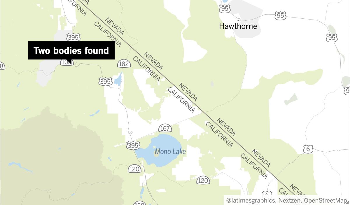 A Caltrans worker found the bodies of a man and a woman on the shoulder of Highway 395 shortly after dawn Monday. 