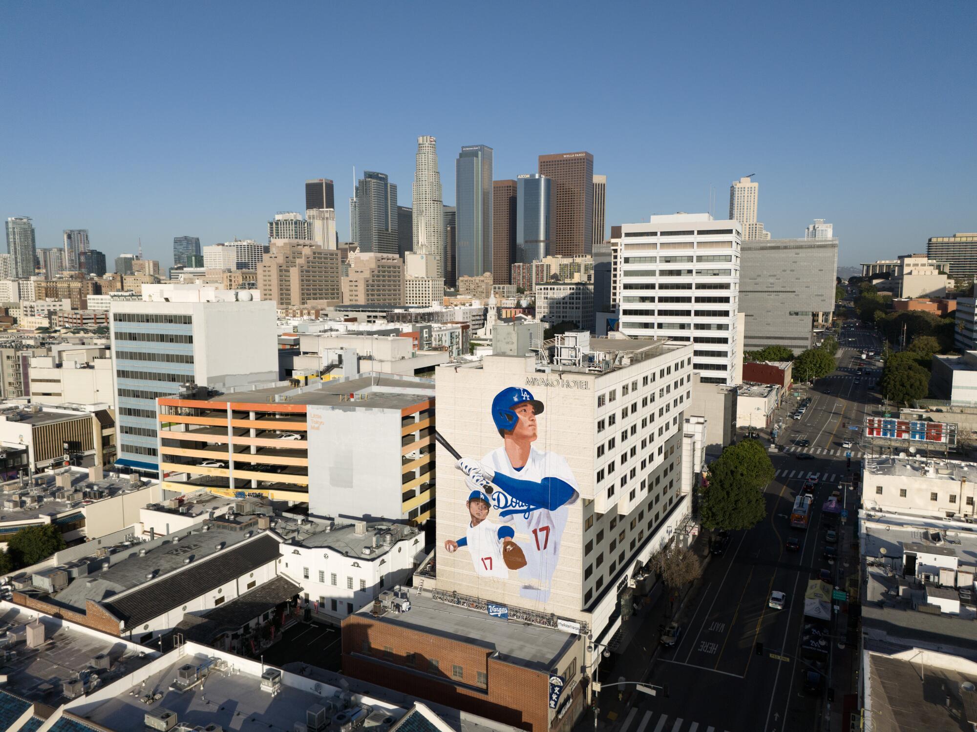 A mural of Shohei Ohtani graces the side of the Miyako Hotel in Little Tokyo.