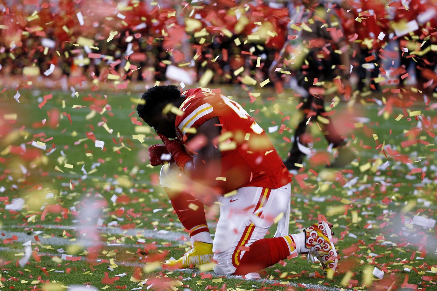 Kansas City Chiefs defensive tackle Khalen Saunders reacts after the team's Super Bowl LIV victory over the San Francisco 49ers.