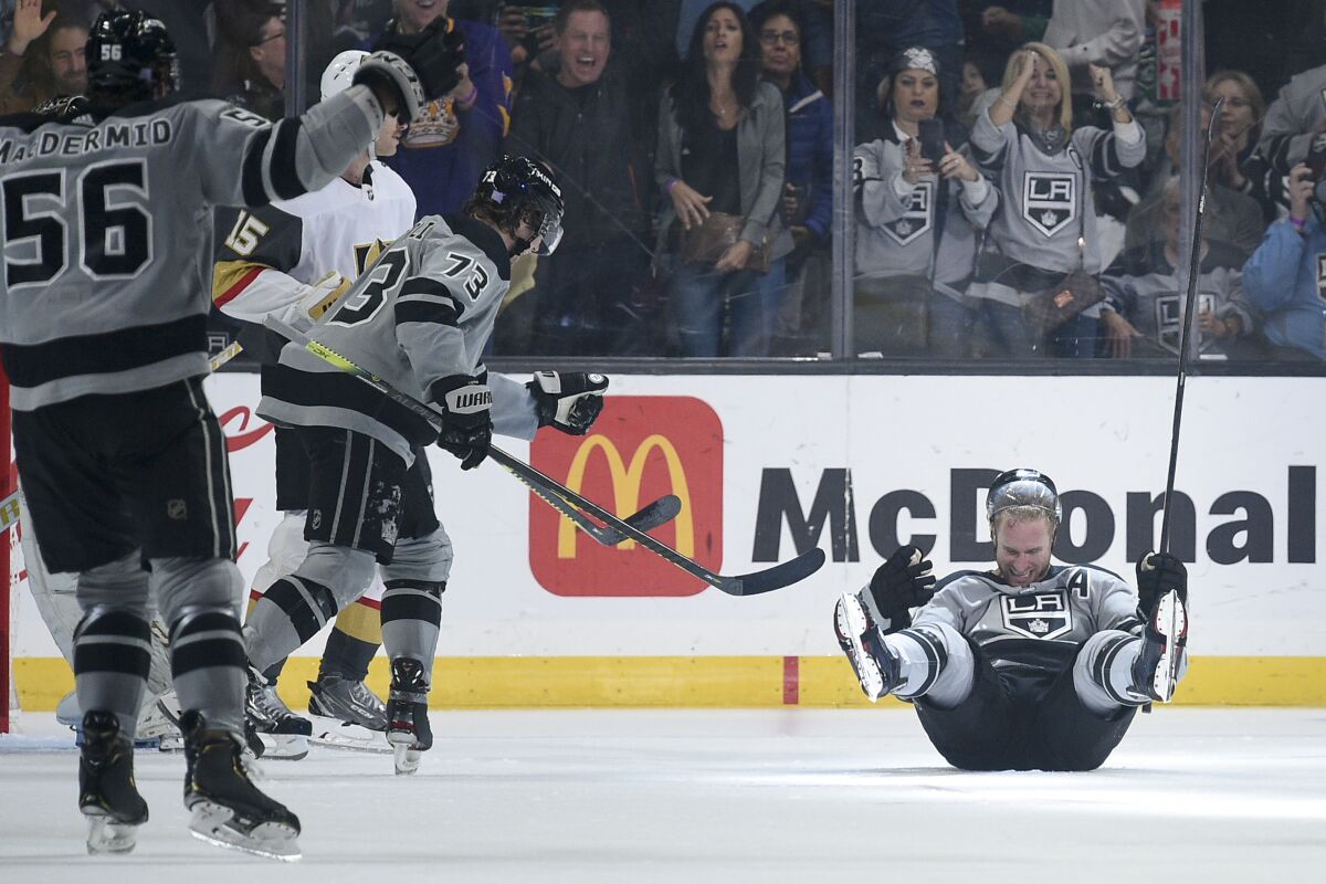 Kings center Jeff Carter celebrates immediately after scoring a go-ahead goal.