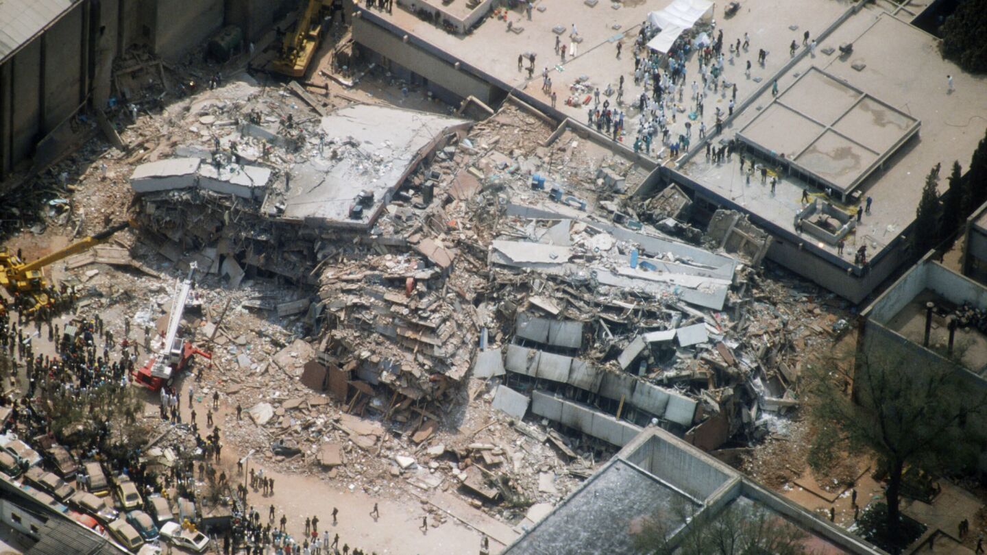 A collapsed building in Mexico City is seen the day after the 1985 earthquake.