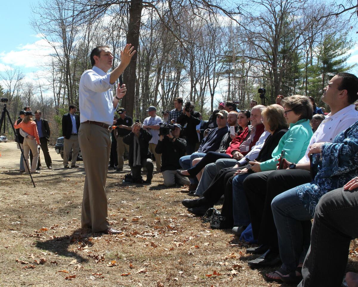 Republican Sen. Ted Cruz of Texas speaks to potential supporters in Litchfield, N.H., on April 19. In an open letter Wednesday, party activists in New Hampshire and others called on the GOP to preserve the state's importance in the presidential primary process.
