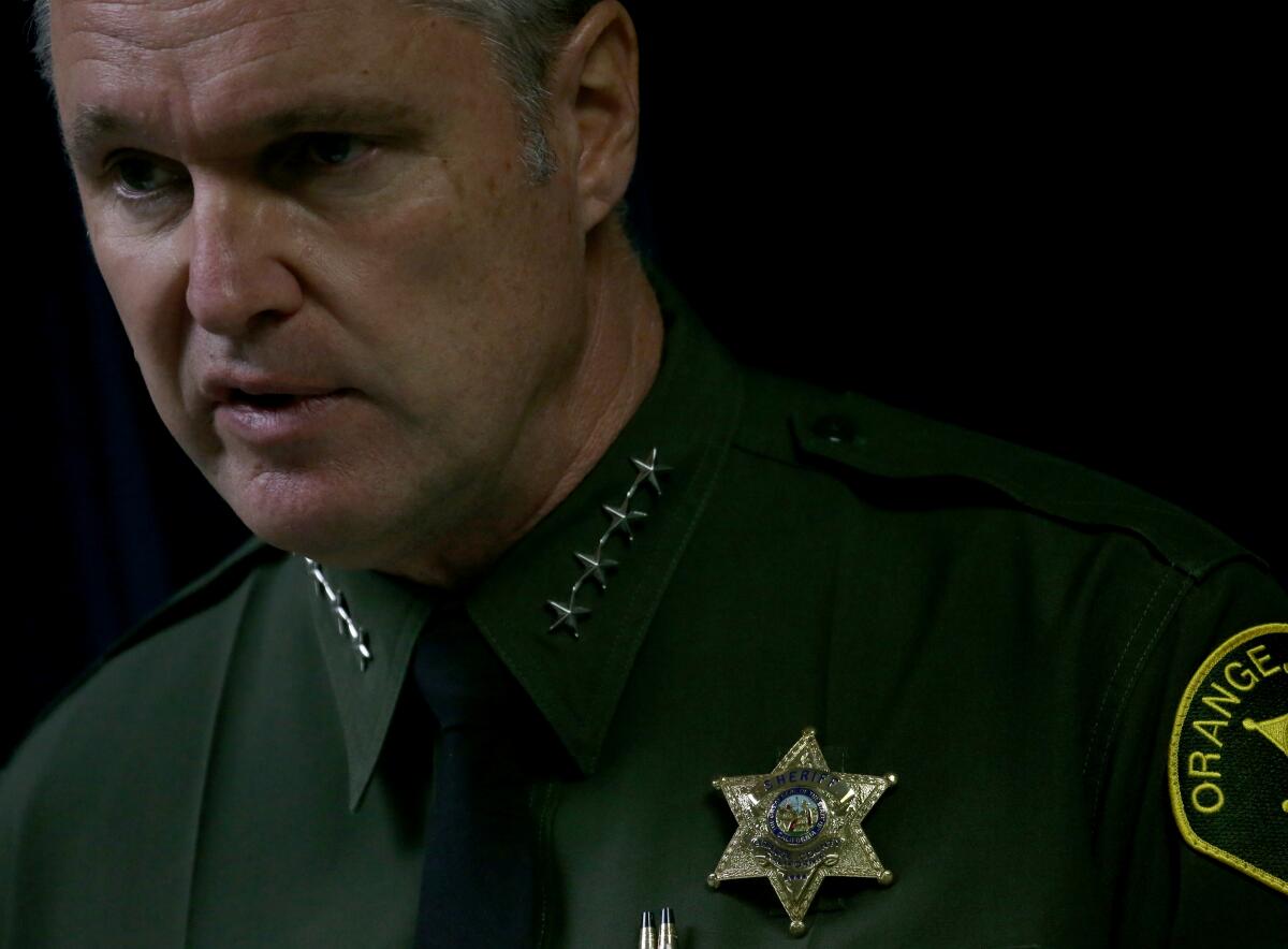 Orange County Sheriff Don Barnes speaks during a monthly media briefing in Santa Ana in 2020.