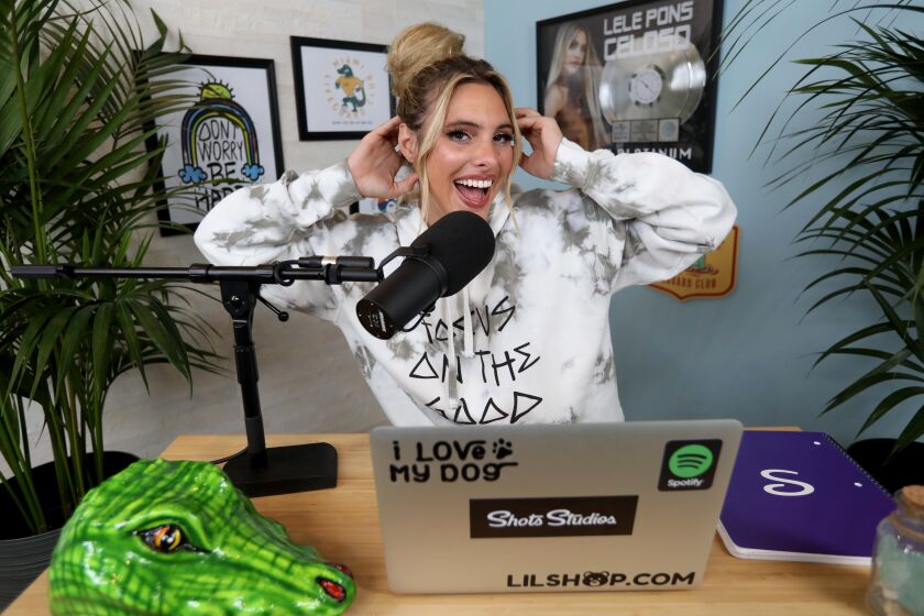 LOS ANGELES, CA - AUGUST 25, 2020 - - Lele Pons on the set for her new podcast Spotify show, "Best Kept Secrets with Lele Pons," in Los Angeles on August 25, 2020. Pons, a digital influencer recently launched an exclusive podcast on Spotify. Spotify has made more than 10 exclusive podcast deals with digital influencers around the world and along with people like former President Barack Obama, former First Lady Michelle Obama, Jordan Peele and Mark Wahlberg. The Swedish company, which started out as a music streaming service, has expanded into podcasts. (Genaro Molina / Los Angeles Times)