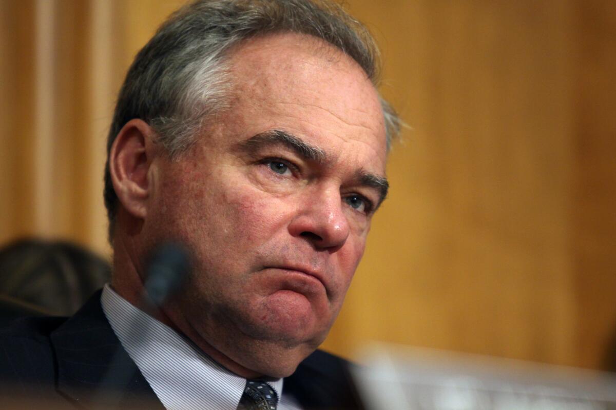 Senate Foreign Relations Committee member Sen. Tim Kaine (D-Va.) listens on Capitol Hill. (Lauren Victoria Burke / AP)