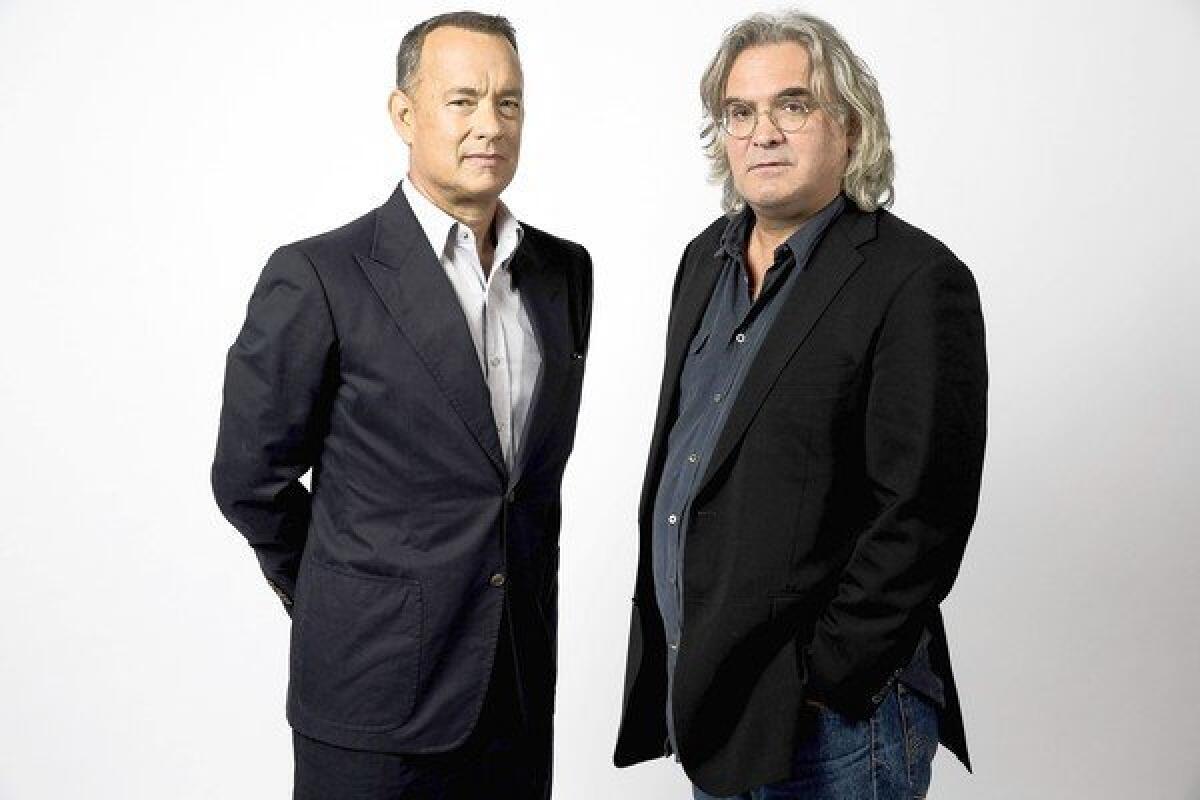 Actor Tom Hanks, left, and director Paul Greengrass on the Sony Pictures lot.