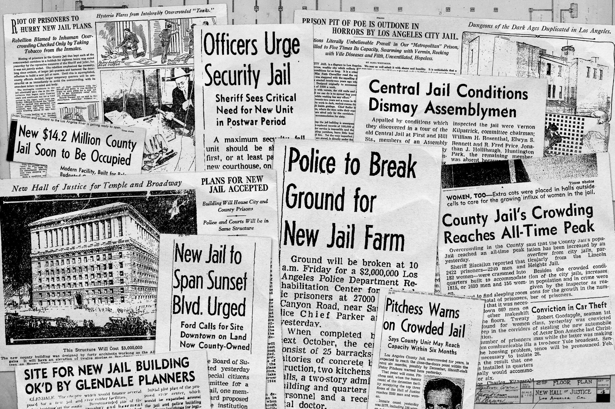 Collage of archived newspaper headlines about a new jail construction and poor conditions.