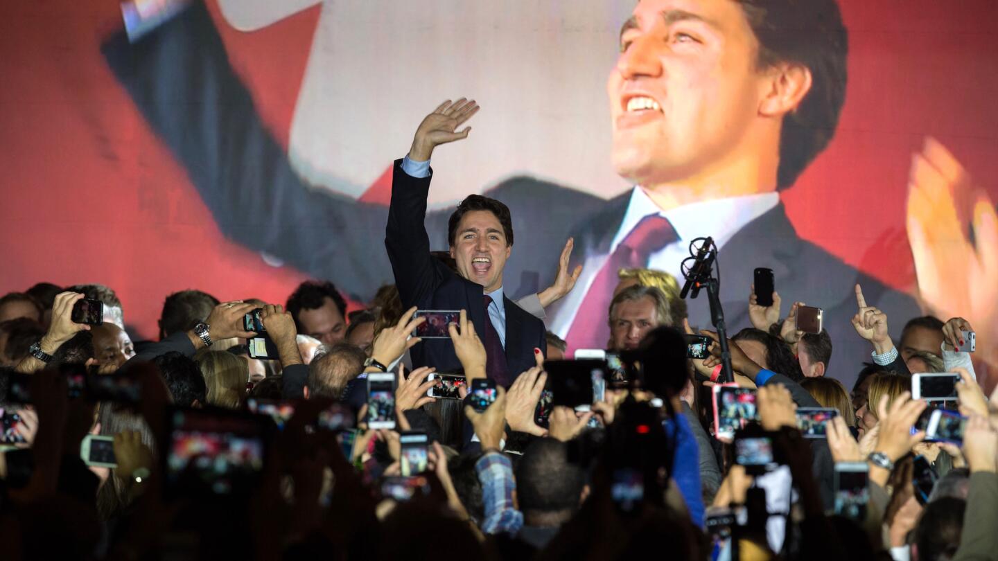 Trudeau, leader of the Liberal Party, arrives onstage in Montreal on Oct. 20 after winning the election.