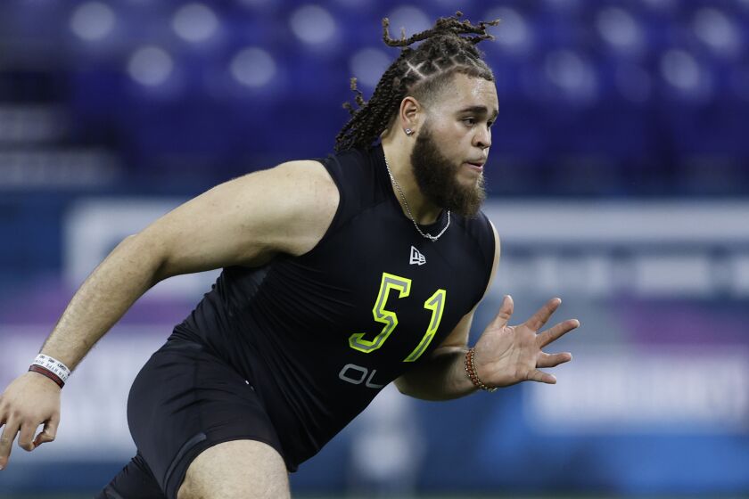 INDIANAPOLIS, IN - FEBRUARY 28: Offensive lineman Jedrick Wills Jr. of Alabama runs a drill during the NFL Combine at Lucas Oil Stadium on February 28, 2020 in Indianapolis, Indiana. (Photo by Joe Robbins/Getty Images)