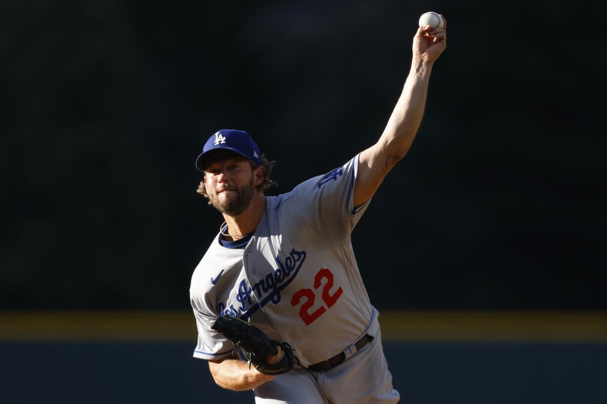 Dodgers pitcher Clayton Kershaw works in the first inning against the Colorado Rockies on June 27, 2023, in Denver.