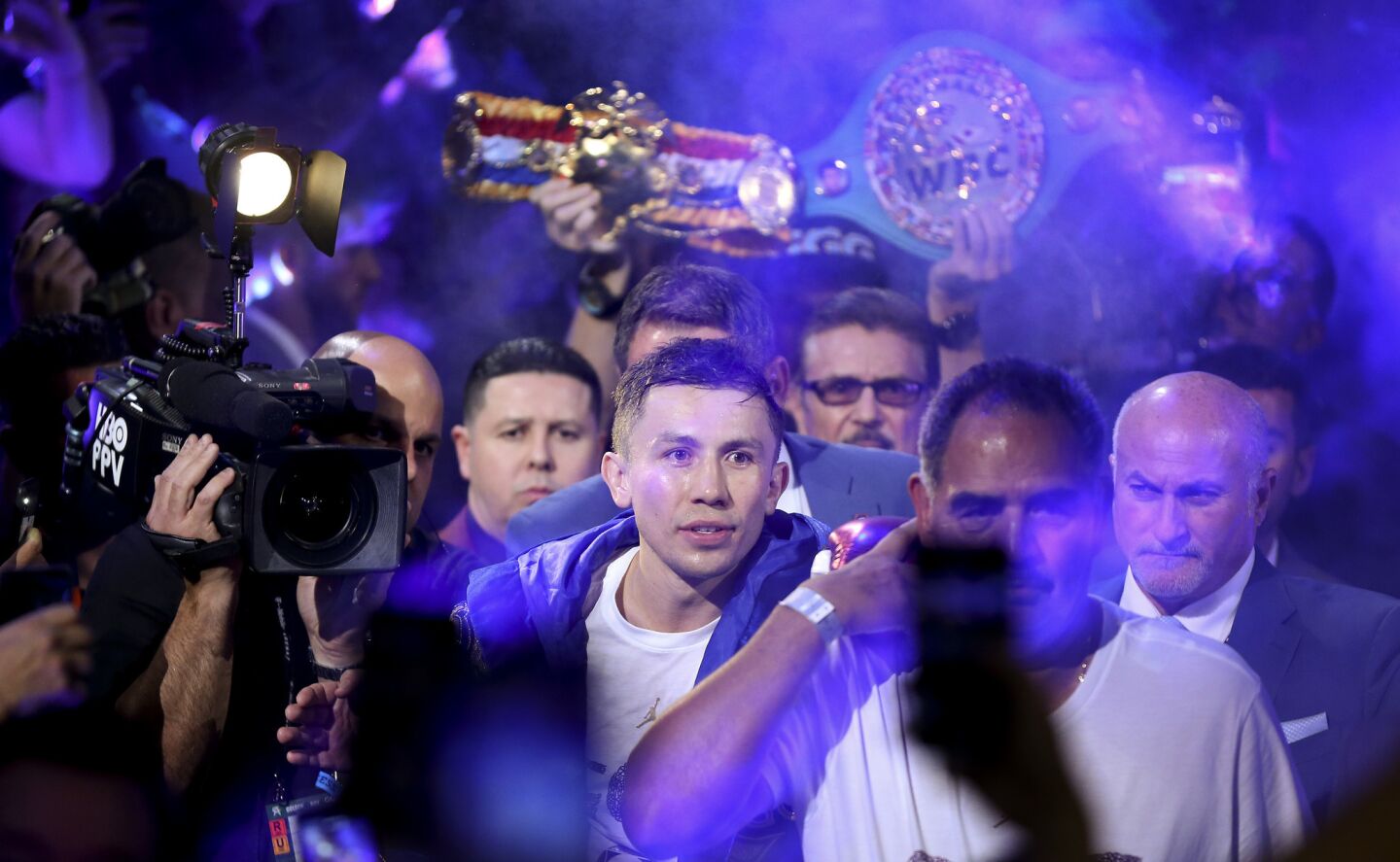 Gennady Golovkin enters T-Mobile Arena for a middleweight title boxing match against Canelo Alvarez, Saturday, Sept. 15, 2018, in Las Vegas.