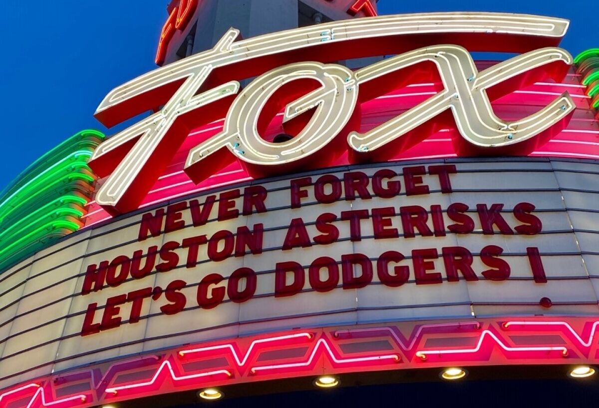 The Fox Theater in Bakersfield displays a rather popular message (among Dodger fans) about the outcome of the 2017 World Series between the Dodgers and Houston Astros.