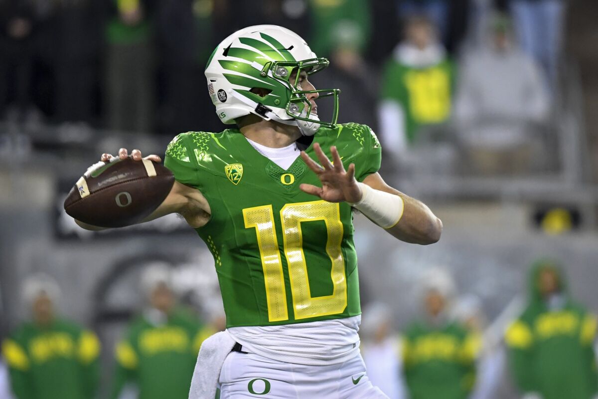 Oregon quarterback Bo Nix looks for a receiver during a Pac-12 game earlier this season.