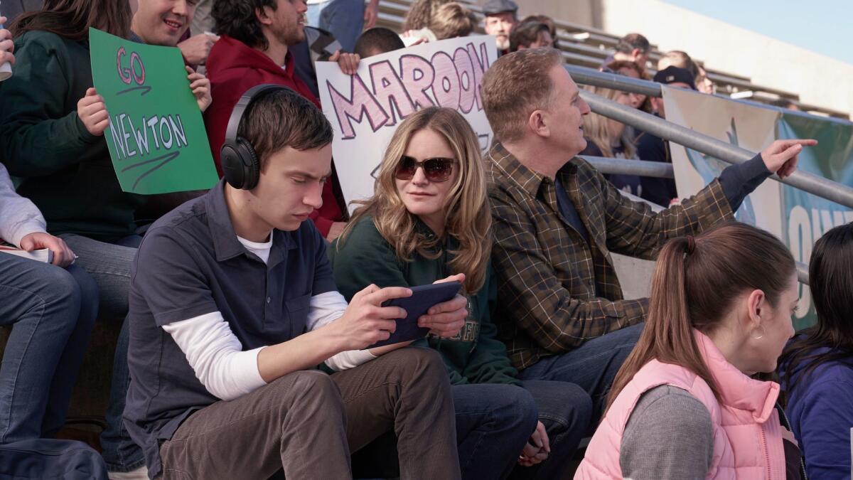 Keir Gilchrist, left, Jennifer Jason Leigh and Michael Rapaport in a scene from "Atypical." (Greg Gayne/Netflix)